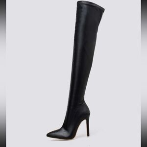 Pointed Toe Over-the-knee Stretch Tight-fitting Pu Leather Boots,Slim High Heels